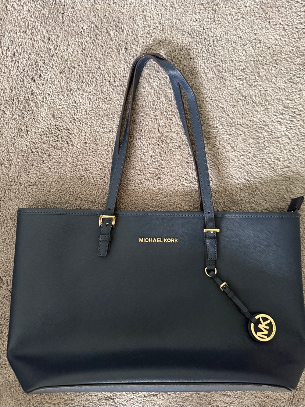 Michael Kors Navy Blue Leather Tote with Gold Hardware
